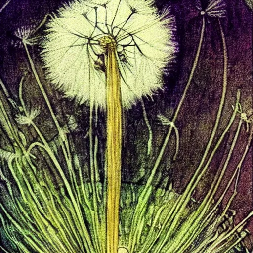 Image similar to a beautiful fairytale painting of a dandelion seed that is also a fairy. the dandelion seed is the body of the fairy. beautiful clear painting by arthur rackham