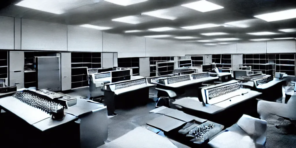 Image similar to a large 1970's computing room with 9-track machines and glowing screens. by IBM by Amdahl.