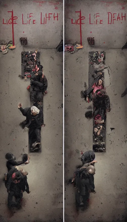 Prompt: life and death mixing together, by dan witz