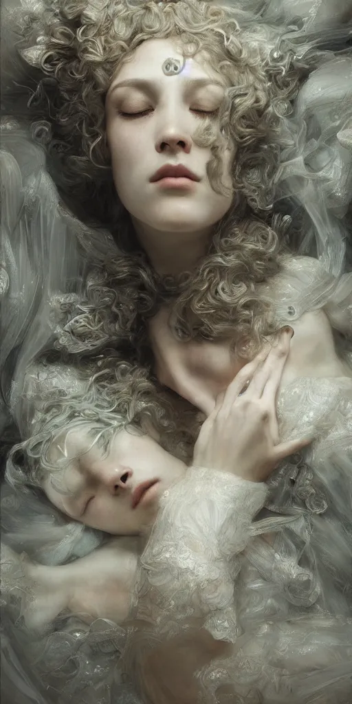 Image similar to sleeping queen, masterpiece by Edgar Maxence and Ross Tran and Michael Whelan, 8k, octane render