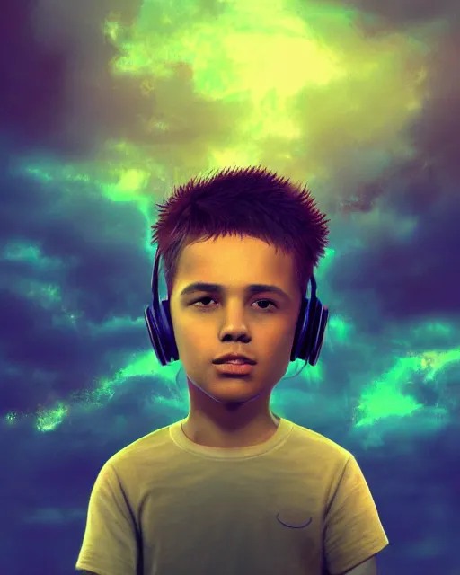 Image similar to boy with headphones looking into the sky, psychedelic trip, cinematic shot, epic composition, fine details, octane render, 8 k, depth of field, concept art, oil painting, digital art, deviantart artstation, extremely detailed, very sharp,