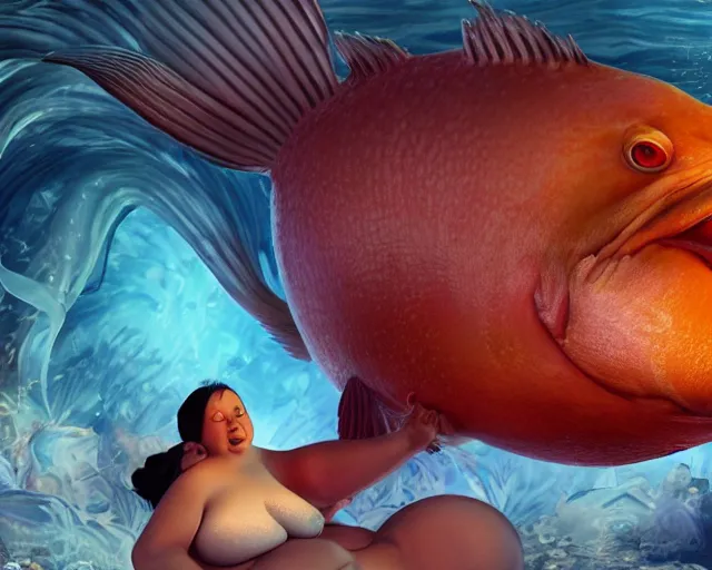 Image similar to of a very beautiful scene. ambient occlusion render. a sweet fat old woman is giving birth to a huge colorful fish. hyper realistic. 4 k. wide angle. sadness. shininess. symmetrical face, red mouth, blue eyes. deep focus, lovely scene. ambient occlusion render. concept art. unreal engine.