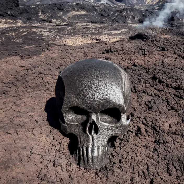 Image similar to wide angle scene of volcano caldera in the form of the punisher skull icon. punisher icon is lava lake with flowing fountains and rivers of lava. detailed, high art, intricate, artisan