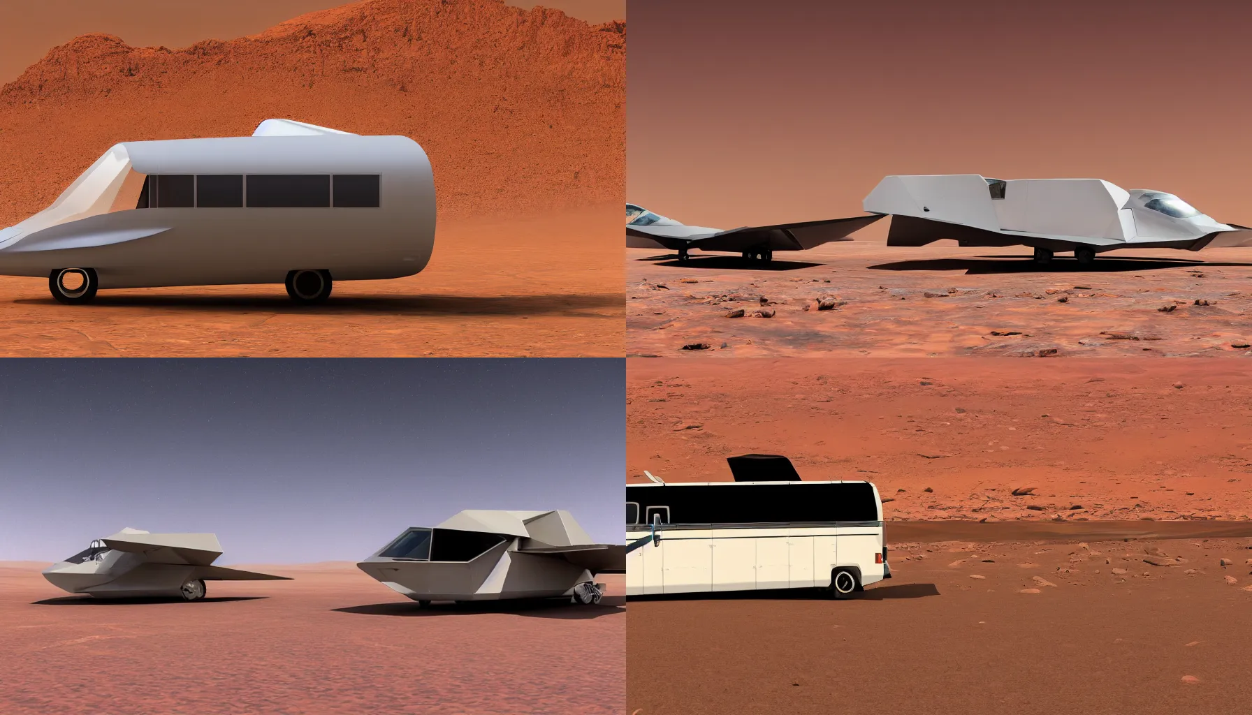 Prompt: professional photograph of a beautiful flying Winnebago designed by Buckminster Fuller designed by a stealth fighter in a picturesque desert on Mars. The Winnebago is floating, and has no wheels. Astronauts are standing nearby, racking focus, extreme panoramic, Dynamic Range, HDR, chromatic aberration, Orton effect intricate, elegant, highly detailed, artstation,