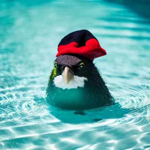 Prompt: a kiwi bird with a wooly hat sitting in a float in a pool screaming, 35mm photograph