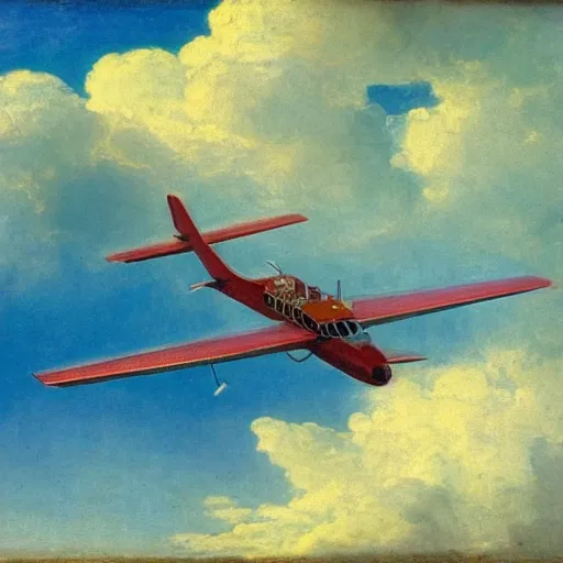 Prompt: an airplane flying in a cloudy sky, artwork by Church, Frederic Edwin
