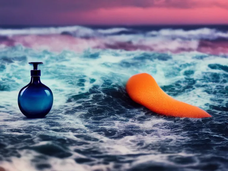 Image similar to cinestill 5 0 d surreal photography of perfume bottle emerging from swirling ocean waves and marmelade sunset sky / 4 style of nicholas fols, 2 0 0 mm, mute dramatic colours, soft blur outdoor stormy sea background, volumetric lighting, hyperdetailed, hyperrealistic