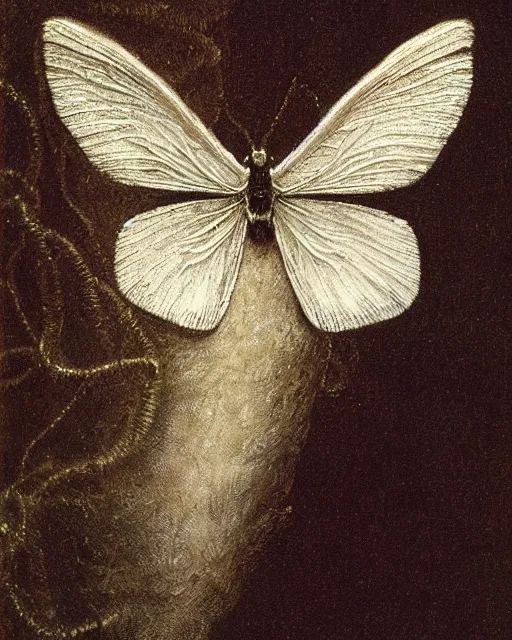 Prompt: photorealistic intricate white moth at night on a finger, cgsociety, by john atkinson grimshaw, by george stubbs, by virgil finlay, h. r. giger, eerie, dreamlike