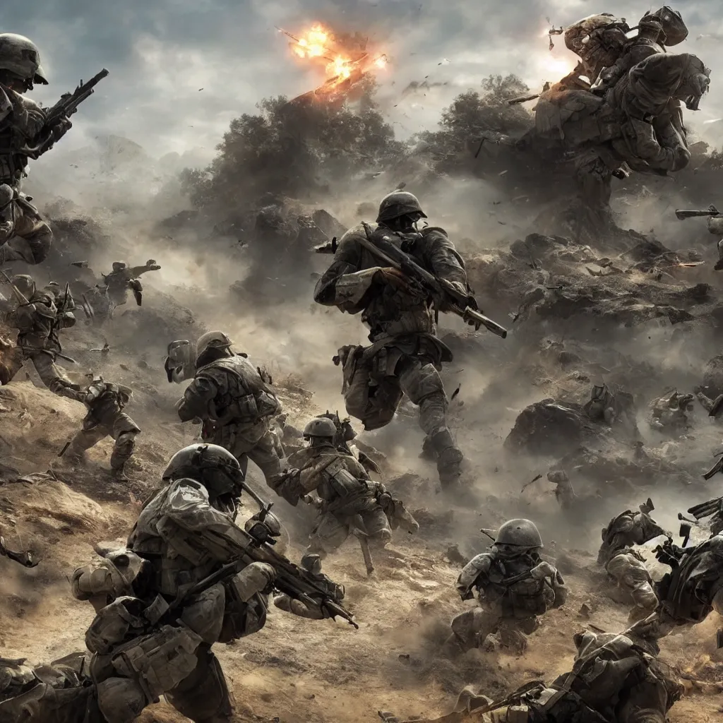 Image similar to war, battlefield, detailed, cinematic, unreal engine