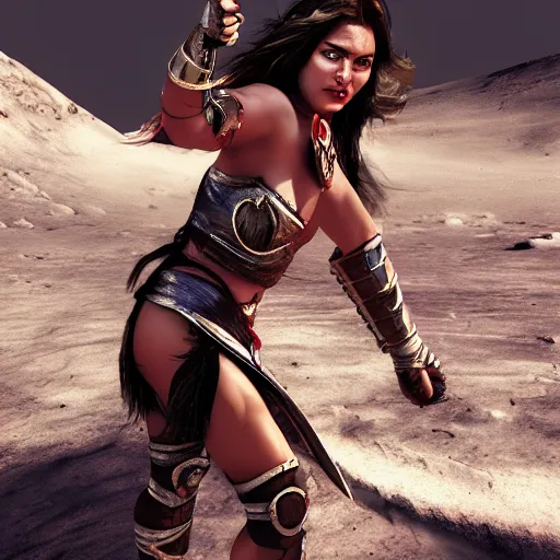 Image similar to beautiful gladiator woman fight on moon, hd, hdr, amoled, 4 k, digital art, artstation, photorealistic, hyperrealism, 3 d