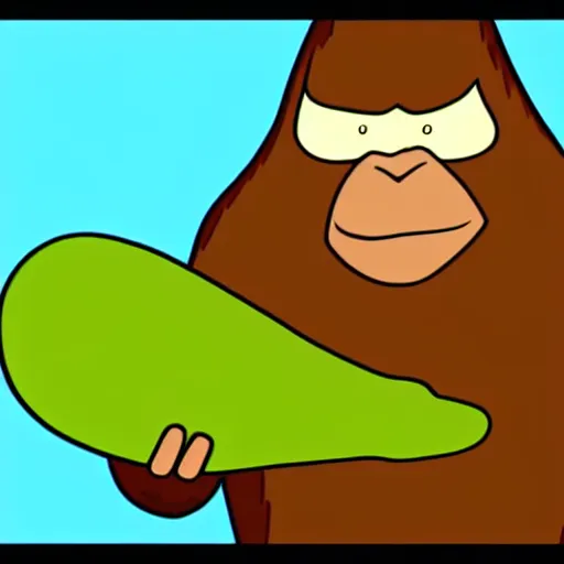 Image similar to bigfoot holding a large pickle. in the animation style of loony too s