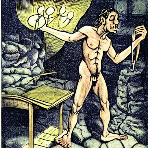 Image similar to A satyr scribe, by Terry Oakes, Art Spiegelman, Strobe light, Dynamic Perspective, Half rear lighting, High dynamic range, Noon