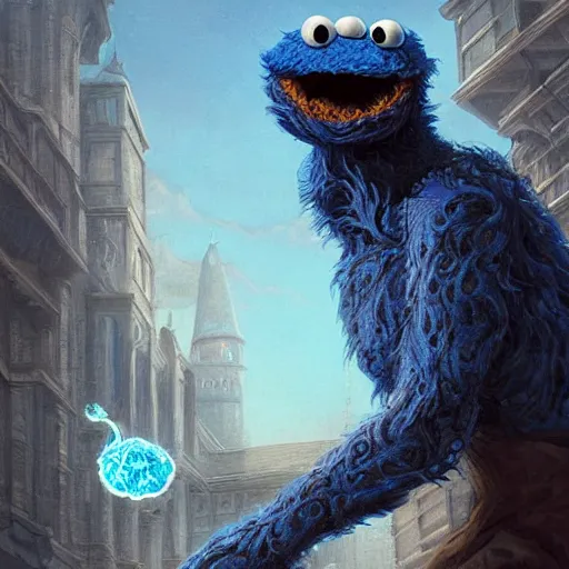 Image similar to a portrait of the cookie monster as a wizard, upper half portrait, urban motifs, intricate, elegant, highly detailed, digital painting, trending on artstation, concept art, smooth sharp focus, illustration, art by artgerm and greg rutkowski