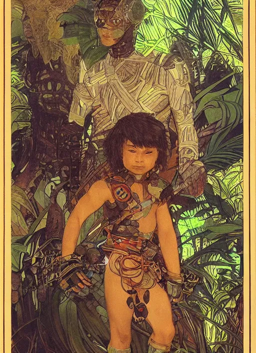 Image similar to portrait of a little epic cyborg warrior boy character with dark skin and a big robot tiger at his side in the middle of a lush jungle. diffuse neon light, dramatic landscape, fantasy illustration, matte painting by mucha