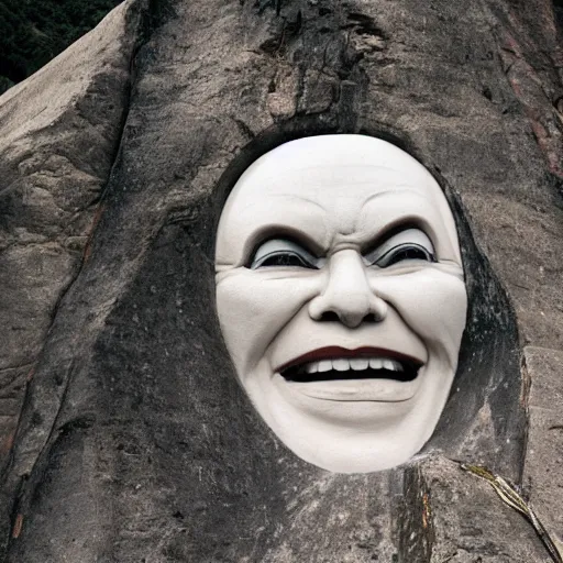 Prompt: photograph of an evil face carved into the side of a mountain.