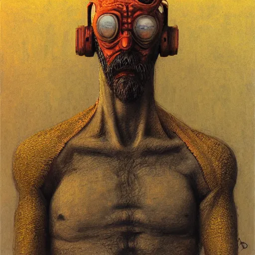 Image similar to a portrait of Gordon Freeman in his HEV suit by Beksinski