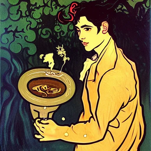 Image similar to painting of young cute handsome beautiful dark medium wavy hair man in his 2 0 s named shadow taehyung and cute handsome beautiful min - jun together at the halloween witchcraft party using bubbling cauldron, spells, autumn colors, elegant, ritual, stylized, soft facial features, delicate facial features, art by alphonse mucha, vincent van gogh, egon schiele