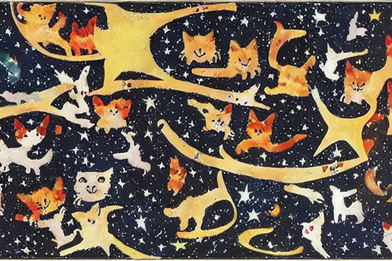Prompt: night starry sky full of cats by mimmo rotella