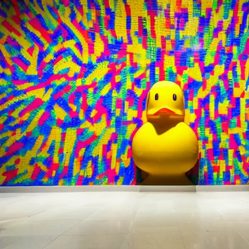 Prompt: wide shot, one! photorealistic rubber duck in foreground on a pedestal in an cavernous museum, the walls are covered floor to ceiling with colorful geometric wall paintings in the style of sol lewitt, tall arched stone doorways, through the doorways are more mural paintings in the style of sol lewitt.