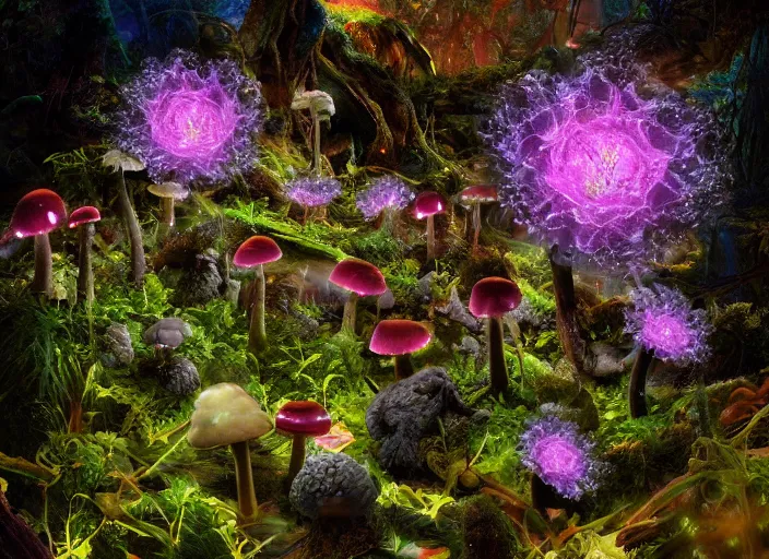 Image similar to glowing delicate flower and mushrooms that grow in a dark fatansy forest on the planet Pandora,