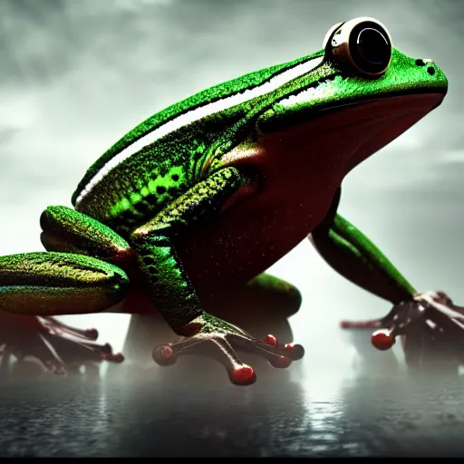 Prompt: Cyborg frog, 4k, trending on artstation, dramatic lightning, highly detailed, cinematic, illustration,