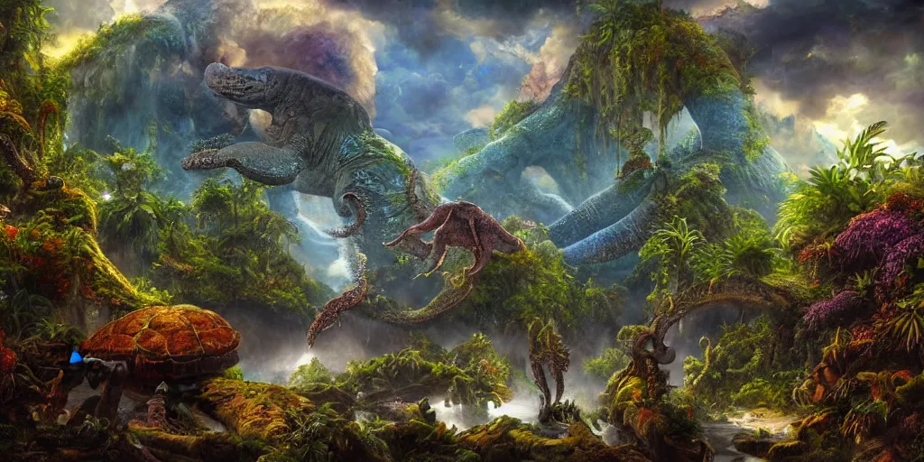 Image similar to fantasy oil painting, great leviathan, turtle cephalopod terrapin reptilian pachyderm amphibian hybrid, epic natural light, lush plants flowers, rainforest mountains, bright clouds, luminous sky, outer worlds, cinematic lighting, michael whelan, michael cheval, vray, 8 k hd