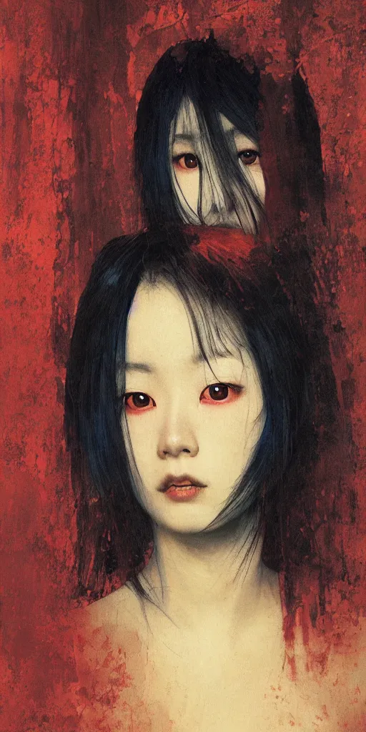 Image similar to beautiful young japanese girl with glowing red eyes, chapped lips, facial veins, black undereyes, finds herself lost in a dark indigo room, muted cold colors, painting part by wojciech siudmak, part by ilya repin, part by norman rockwell, artstation