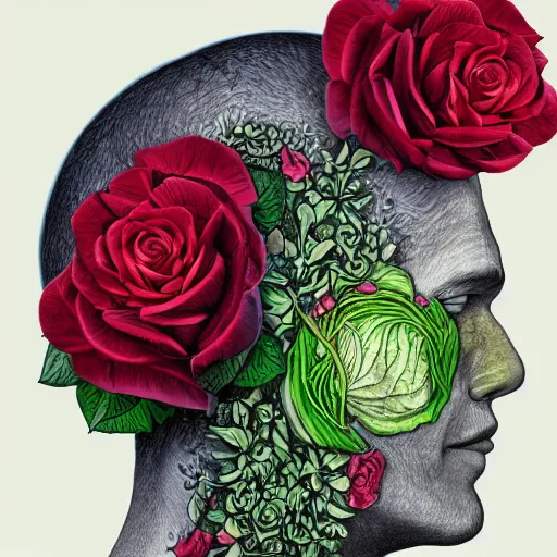 Image similar to the anatomy of a head of lettuce with roses, an ultrafine detailed painting by james jean, intricate linework, bright colors, final fantasy, behance contest winner, vanitas, angular, altermodern, unreal engine