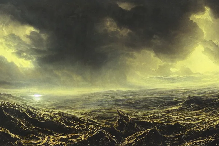 Image similar to dark landscape, ruinous, apocalyptic setting, sunshine through the billowing clouds, golden heavenly light contrasting with a hellish overworld, painting by h. r. giger