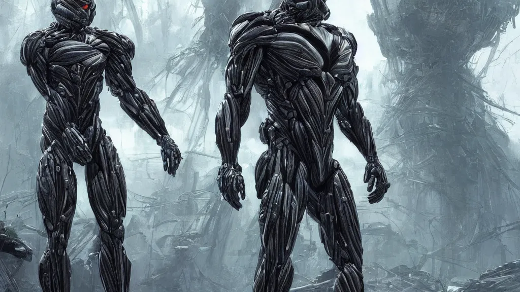Prompt: crysis nanosuit with powerful biological muscle augmentation and human head, near a post - apocalyspe settlement, at dawn, painted by tsutomu nihei, painted by artgerm and greg rutkowski