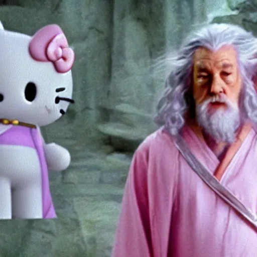 Image similar to gandalf wearing light pink robes, hello kitty hair clip, movie still from the lord of the rings