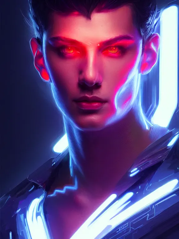 Image similar to portrait of male humanoid, intricate, masculine, cyber neon lights, highly detailed, digital photography, artstation, stylish pose, concept art, smooth, sharp focus, illustration, art by artgerm and greg rutkowski