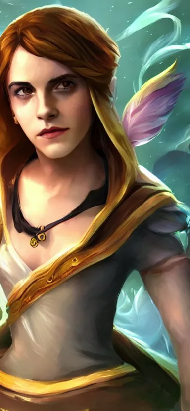 Image similar to Emma Watson as a character in the game League of Legends, with a background based on the game League of Legends, detailed face, old 3d graphics