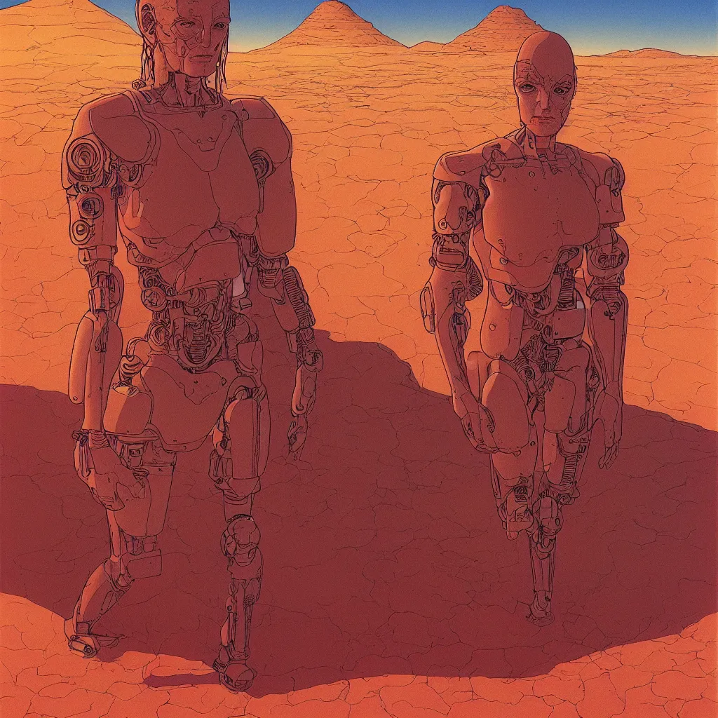 Prompt: centered detailed portrait of a beautiful cyborg in the desert, single character, volumetric | coherence | art by jean giraud and moebius