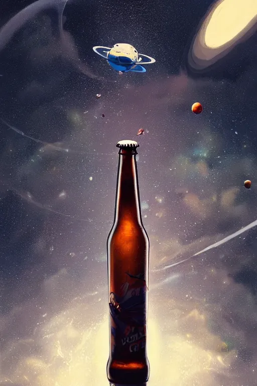 Prompt: beer bottle flying through space in front of planet, art by guweiz, dramatic lighting, highly detailed, incredible quality, trending on artstation