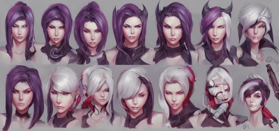 Image similar to concept art of female video game characters head designs, demonic, unique hairstyles, overwatch by marc brunet and artgerm