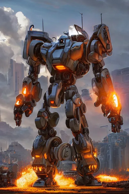 Image similar to mechwarrior 5 : mercenaries mech megaman transformer robot boss tank engine game octane render, 4 k, hd 2 0 2 2 3 d cgi rtx hdr style chrome reflexion glow fanart, global illumination ray tracing hdr fanart arstation by ian pesty by jesper ejsing pixar and disney unreal zbrush central hardmesh