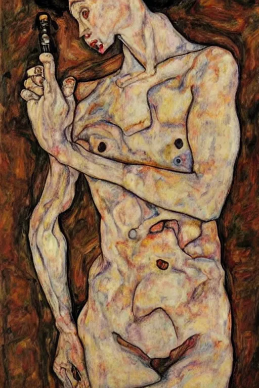 Image similar to a full body character with lifted arms in style of egon schiele, masterpiece, hyperdetailed, complex, intricate, veiled, 4 k, dynamic!!