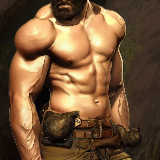 Prompt: portrait of a rugged ranger, muscular, upper body, hairy torso, detailed detailed detailed hands hands hands hands, D&D, fantasy, bare bare bare bare thighs thighs thighs intricate, elegant, highly detailed, digital painting, artstation, concept art, smooth, sharp focus, illustration, art by alphonse mucha