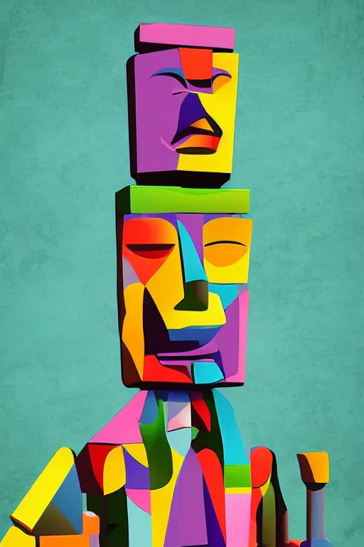 Image similar to cubist moai statue cutout digital illustration cartoon colorful beeple