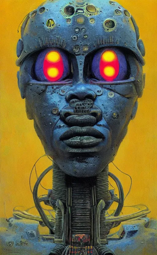 Image similar to portrait of mecha african tribal chief, symmetrical, dramatic lighting, colourful, glowing eyes, art by zdzislaw beksinski,