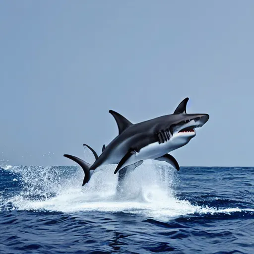 Prompt: action photo of shark jumping from surface of the sea into the ship, from nature journal, 1 / 1 0 0 0 sec shutter, action photo