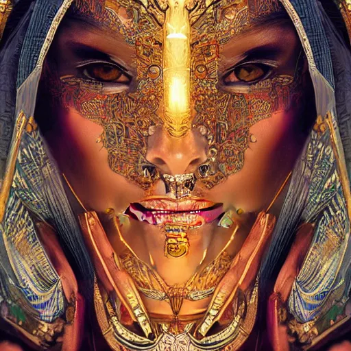 Image similar to HDR portrait photography of The Benevolent Cyborg Queen vertically mirrored above The Evil Cyborg King, ethnic, fantasy, intricate, elegant, highly detailed, African, Egyptian, Aztec, Mayan, digital painting, artstation, HDR photo, smooth, sharp focus, illustration, art by artgerm and greg rutkowski and alphonse mucha