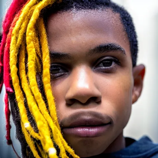 Prompt: a close up, 1 3 0 mm photo of a black boy with colored dread hair in new york street