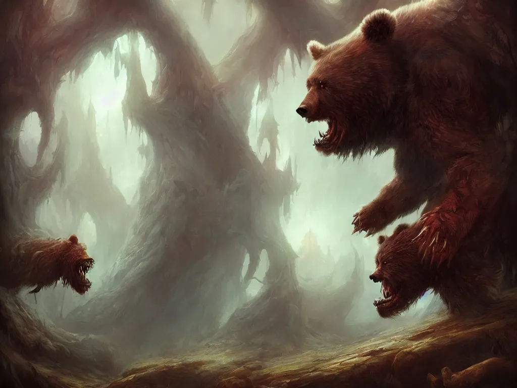 Image similar to demonic bear in a dream land, monster concept art, artstation, dynamic lighting, nightmare environment, inspired by witcher monsters, painted by justin gerard and daniel zrom and even amundsen