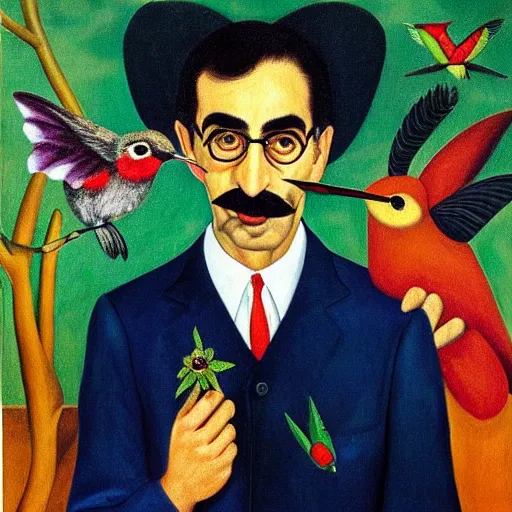 Image similar to painting Self-Portrait of groucho marx with Thorn Necklace and Hummingbird by Frida Kahlo