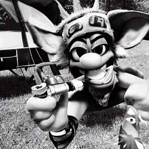 Prompt: photograph of crash bandicoot from the video game crash bandicoot smoking bongs and selling acid at powder ridge rock festival, 1 9 7 0