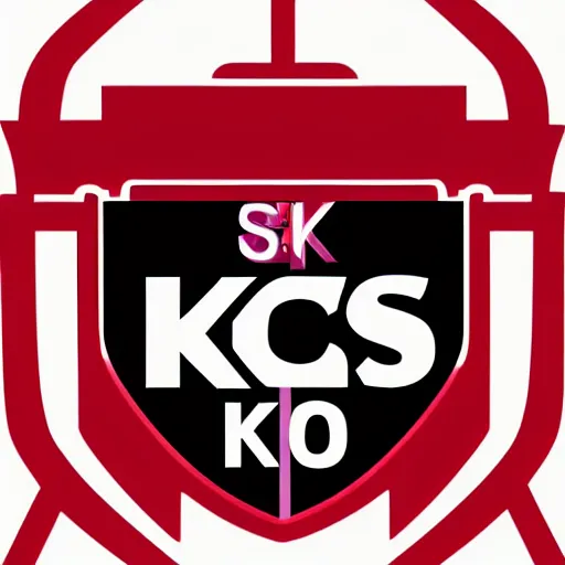 Image similar to kcs logo, minimalistic icon in black, red, and purple. acrylic brushstrokes on white background