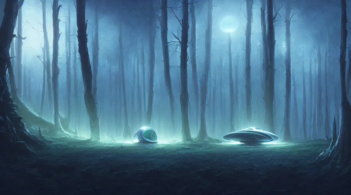 Prompt: matte painting alien spaceship in clearing in forest at night. forest is lit by eerie blue glow. ufo. digital painting. beeple. noah bradley. cyril roland. will o the wisp. trending on artstation.