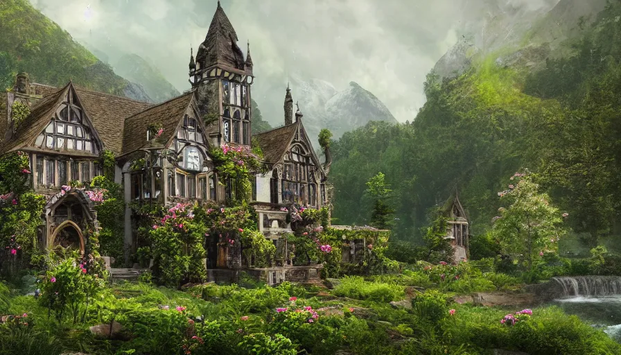 Prompt: Realistic image of a small Neo-Gothic manor covered by flowers in a middle of green mountains with waterfalls in the background, hyperdetailed, artstation, cgsociety, 8k